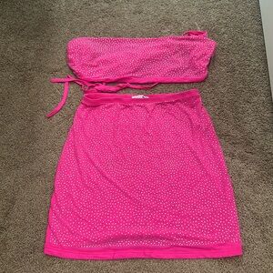 Fashion nova beaded hot pink matching halter top and mini skirt set rave outfit